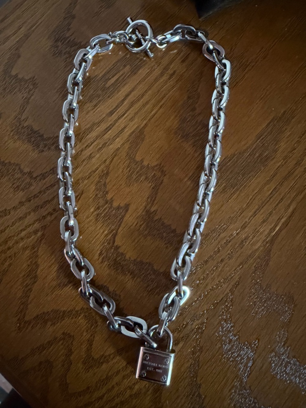 Michael Kors Silver Padlock Link Necklace with Toggle Closure